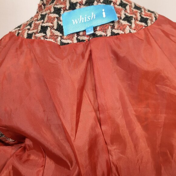 Y2K Belted Mid Length Houndstooth Coat Rust Brown Black Fuzzy Trim Size S - Picture 7 of 8